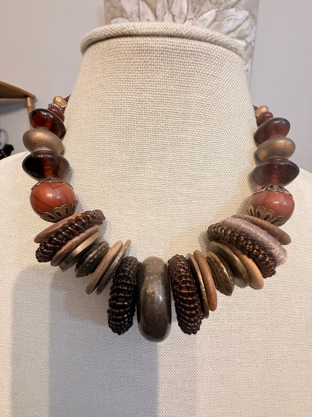 Vintage 14” Brass & Wood Chunky Statement Necklace
